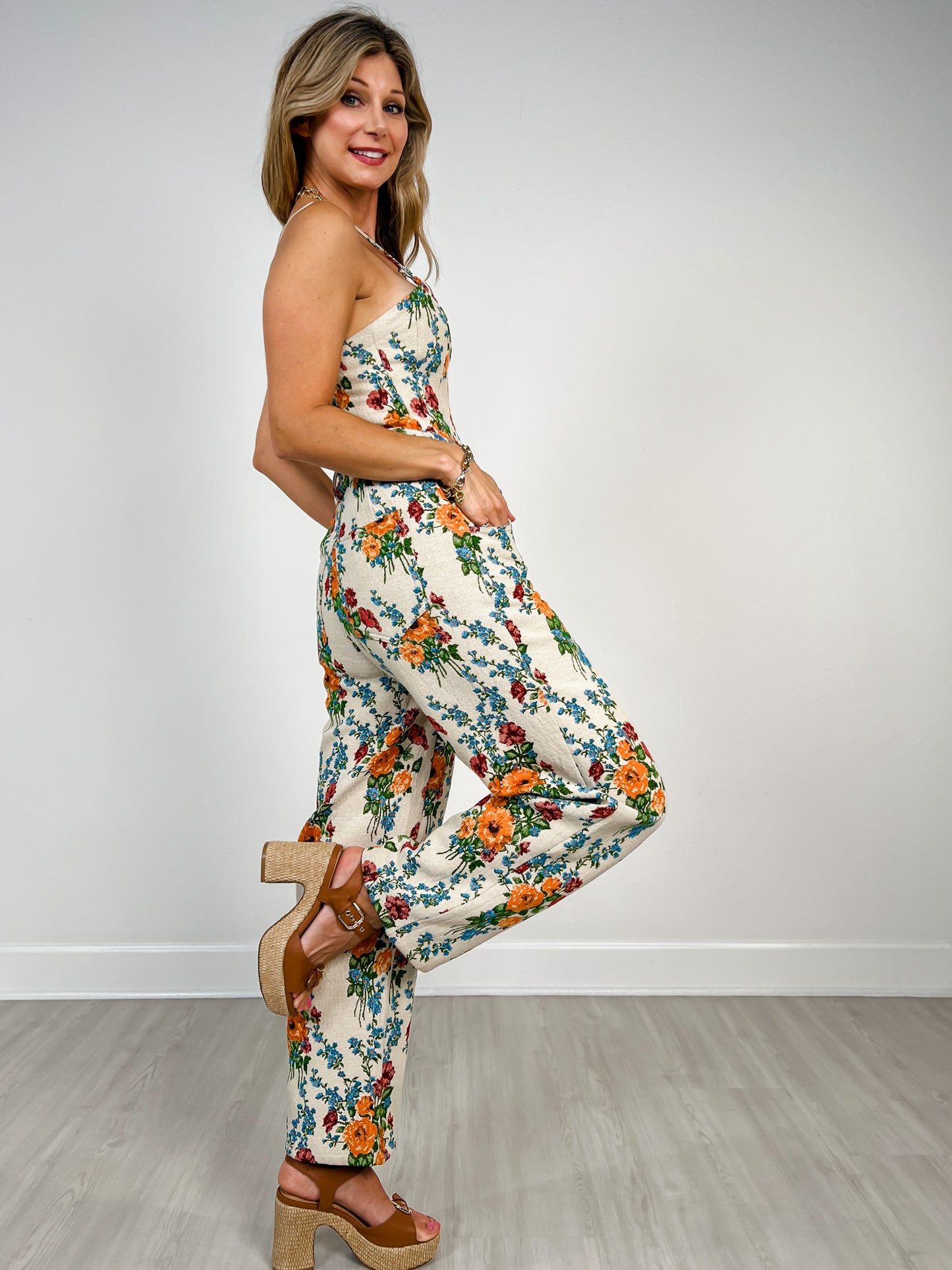 Spaghetti Strap Floral Jumpsuit with Square Neckline