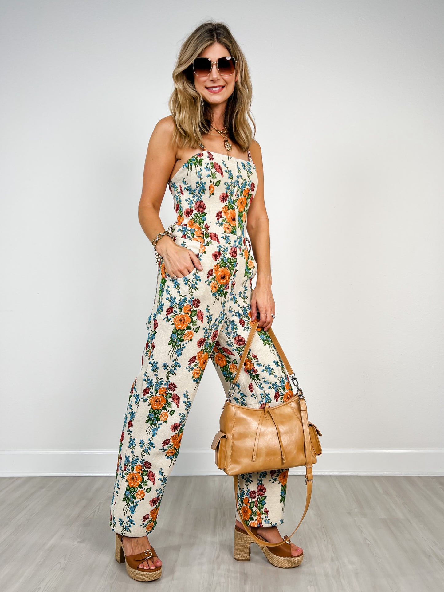 Spaghetti Strap Floral Jumpsuit with Square Neckline