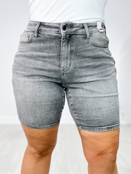 Judy Blue SUTTON Mid Rise Contrast Wash Grey Bermuda Denim Shorts