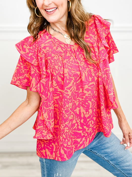 Spread The Love Abstract Printed V-Neck Layered Ruffle Flutter Sleeve Top