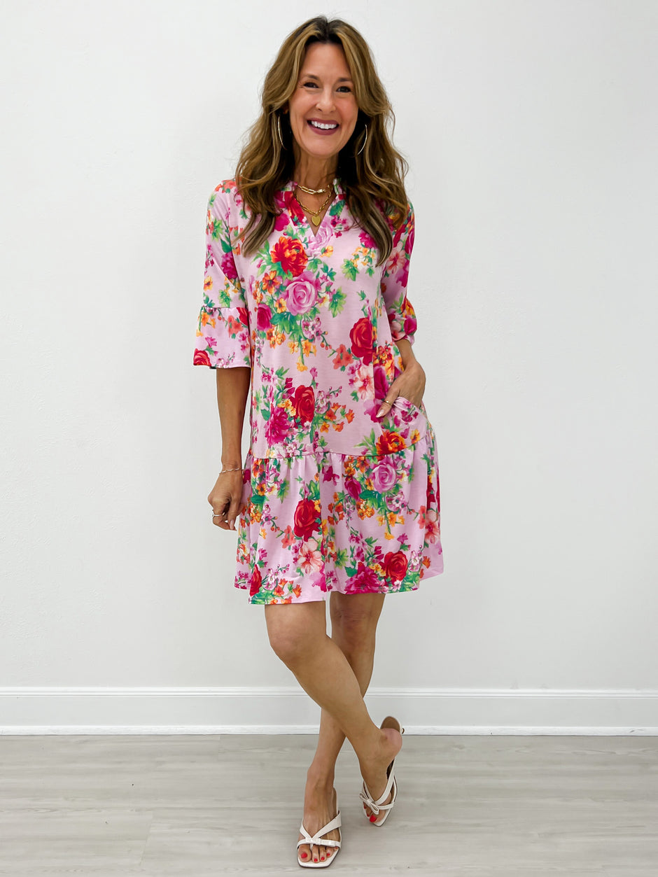 3/4 Sleeve Mandarin Collar Mini Dress