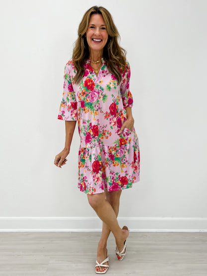 3/4 Sleeve Mandarin Collar Mini Dress