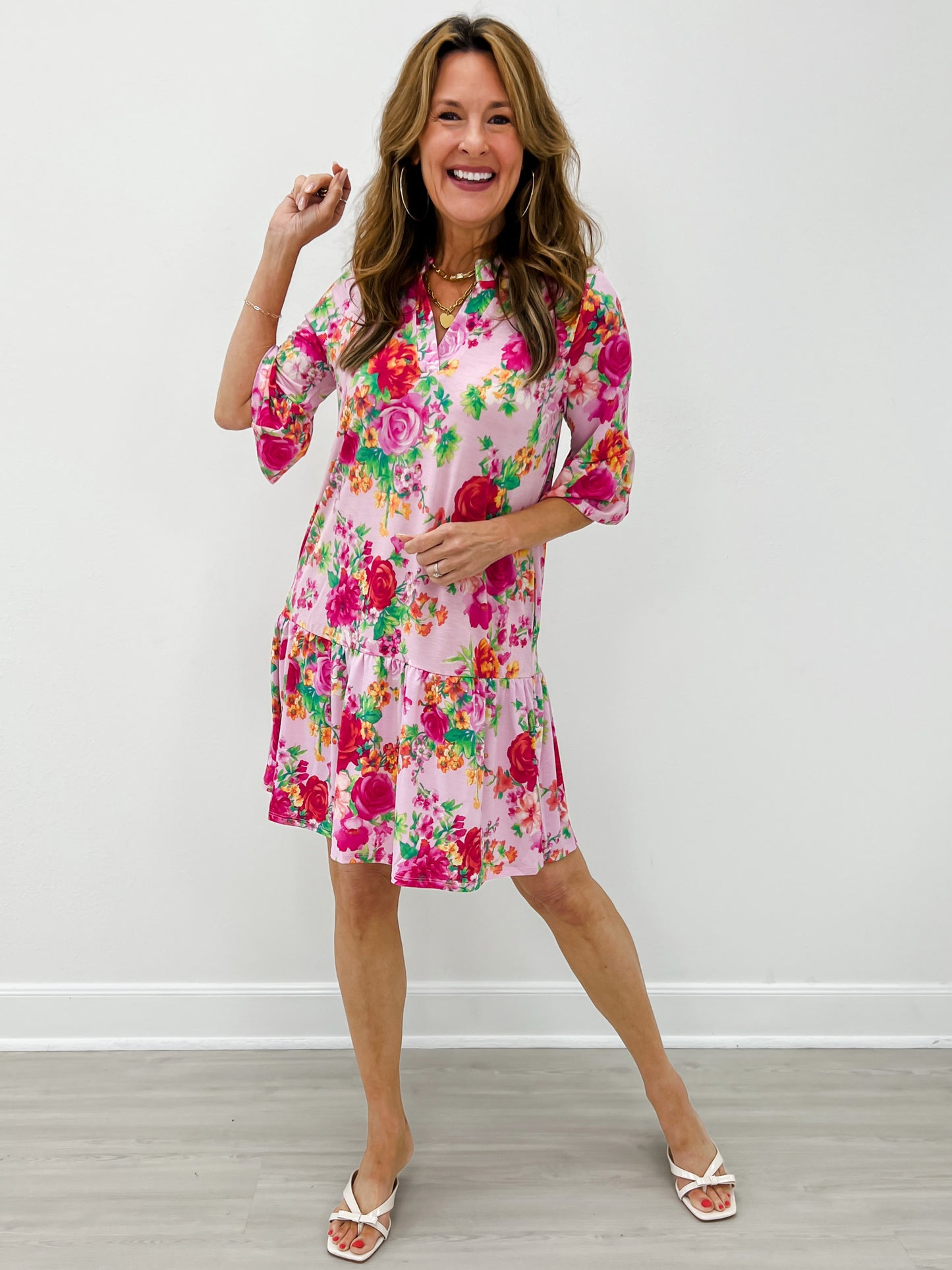 3/4 Sleeve Mandarin Collar Mini Dress