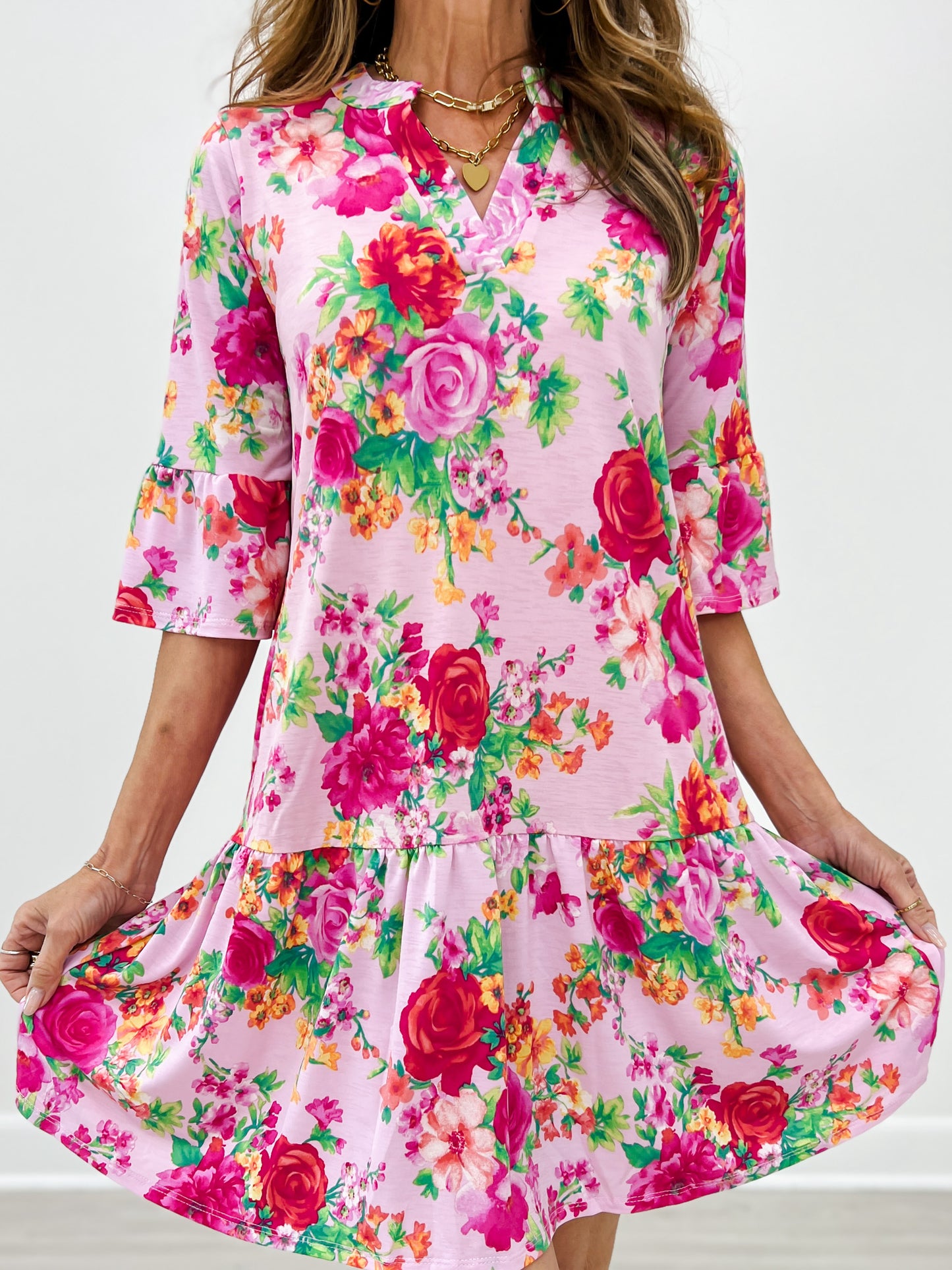 3/4 Sleeve Mandarin Collar Mini Dress
