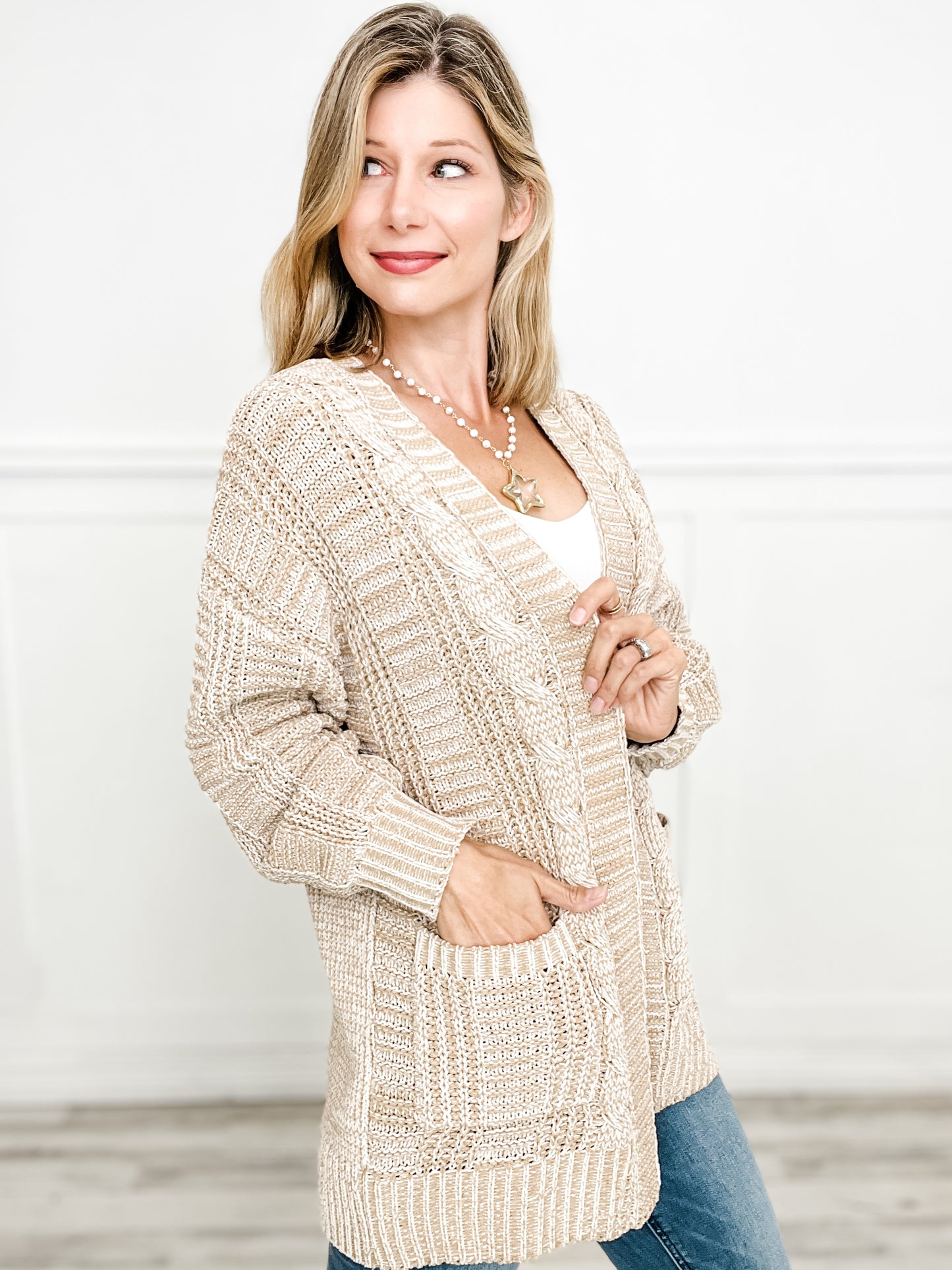 Two Tone Oversized Sweater Cardigan With Pockets