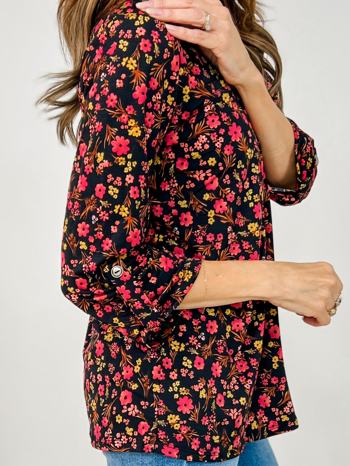 Classic 3/4 Sleeve Lizzy Top in Black Floral