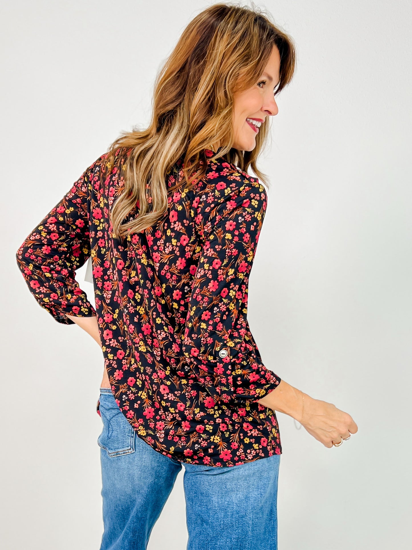 Classic 3/4 Sleeve Lizzy Top in Black Floral