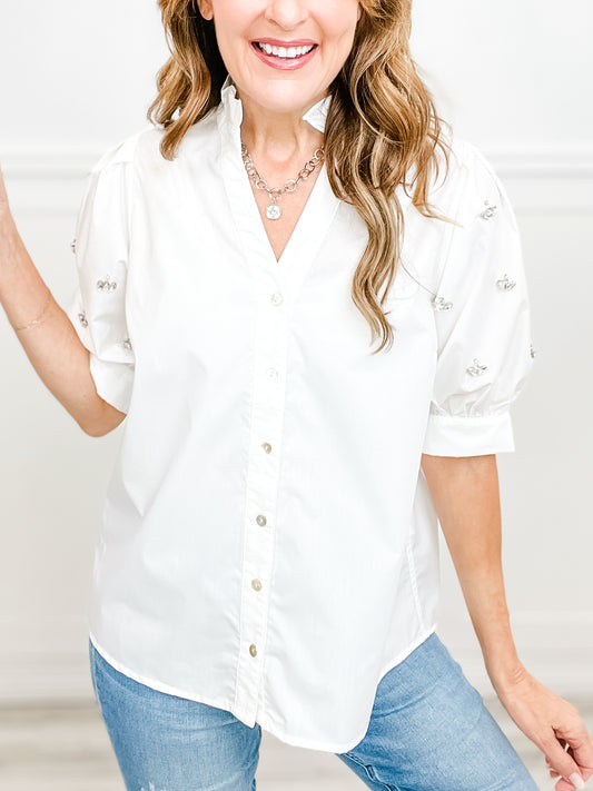 Glimmer Half Sleeve Button Up Top