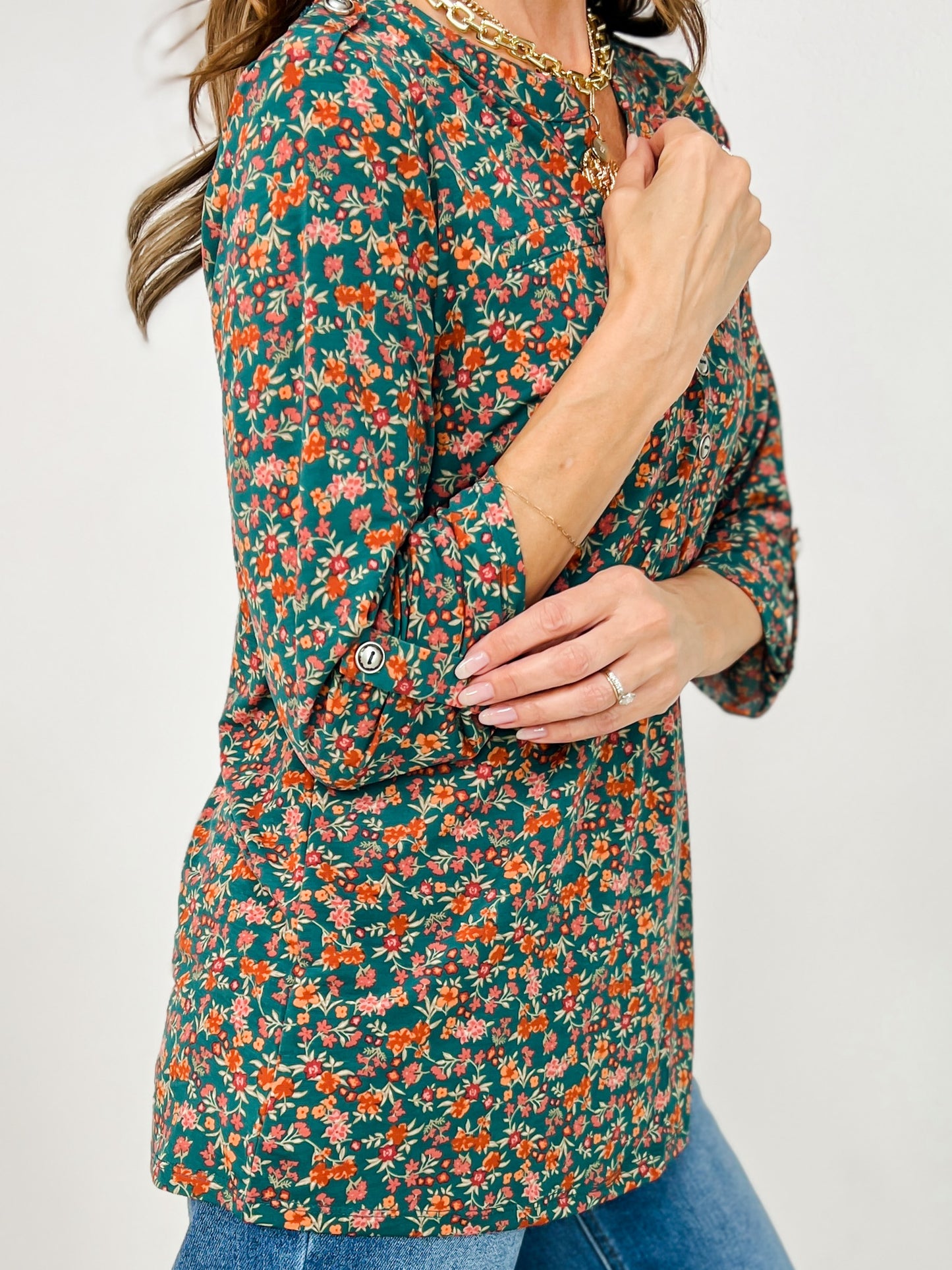 Classic 3/4 Sleeve Lizzy Top in Hunter Green Floral