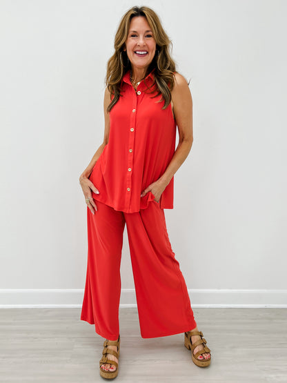 Shoreline Sleeveless Button Down Top with Matching Pants in Tomato Red