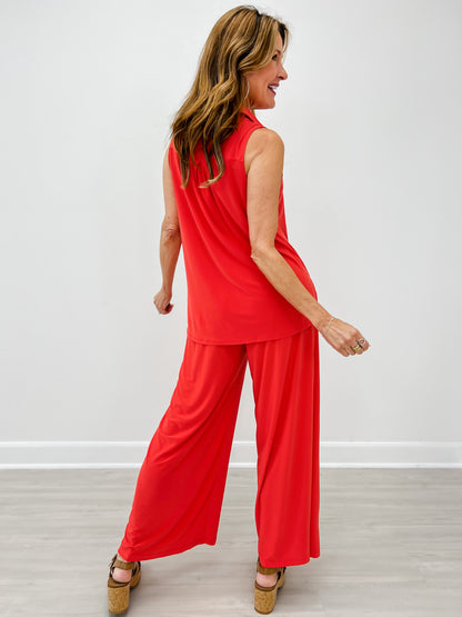 Shoreline Sleeveless Button Down Top with Matching Pants in Tomato Red