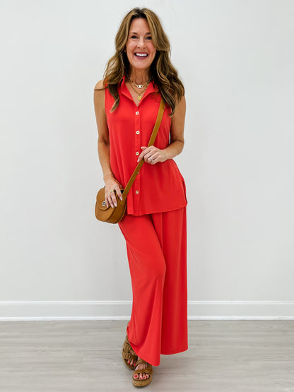 Shoreline Sleeveless Button Down Top with Matching Pants in Tomato Red