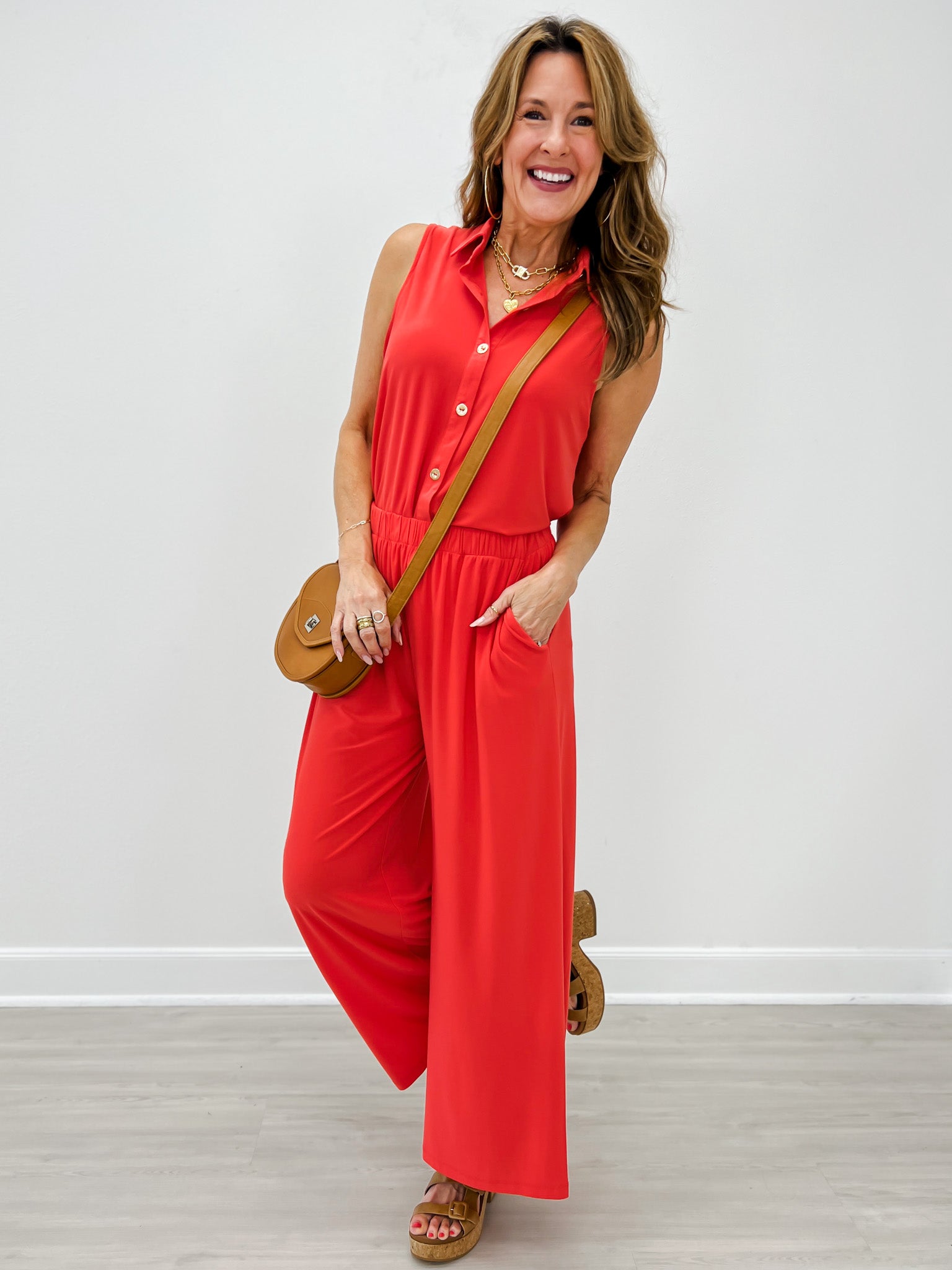 Shoreline Sleeveless Button Down Top with Matching Pants in Tomato Red