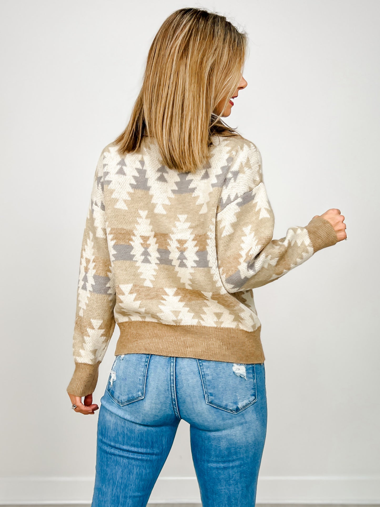 Quarter Zip Oversized Collar Aztec Print Pullover Sweater