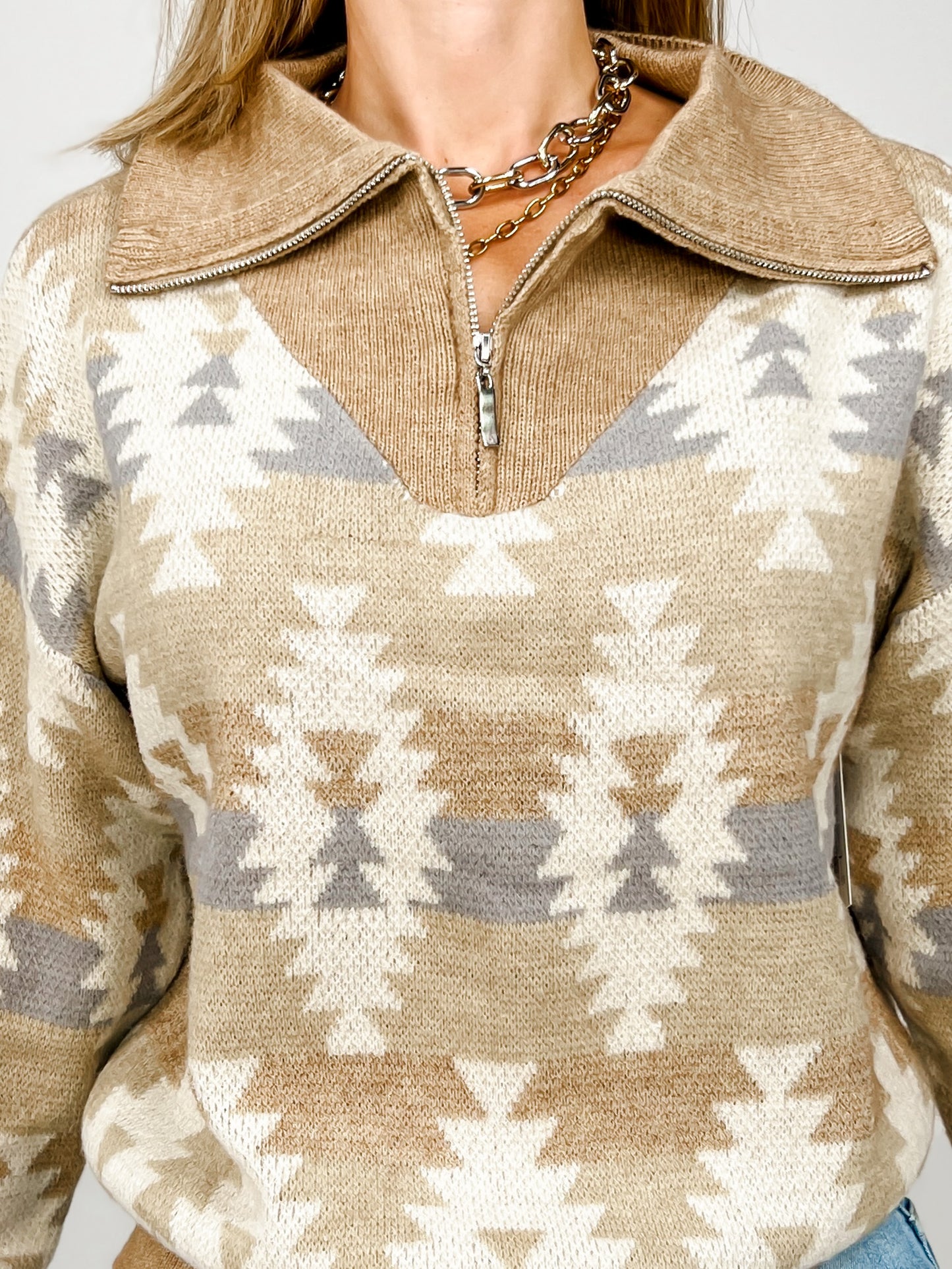 Quarter Zip Oversized Collar Aztec Print Pullover Sweater