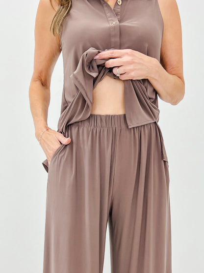 Shoreline Sleeveless Button Down Top with Matching Pants in Mocha