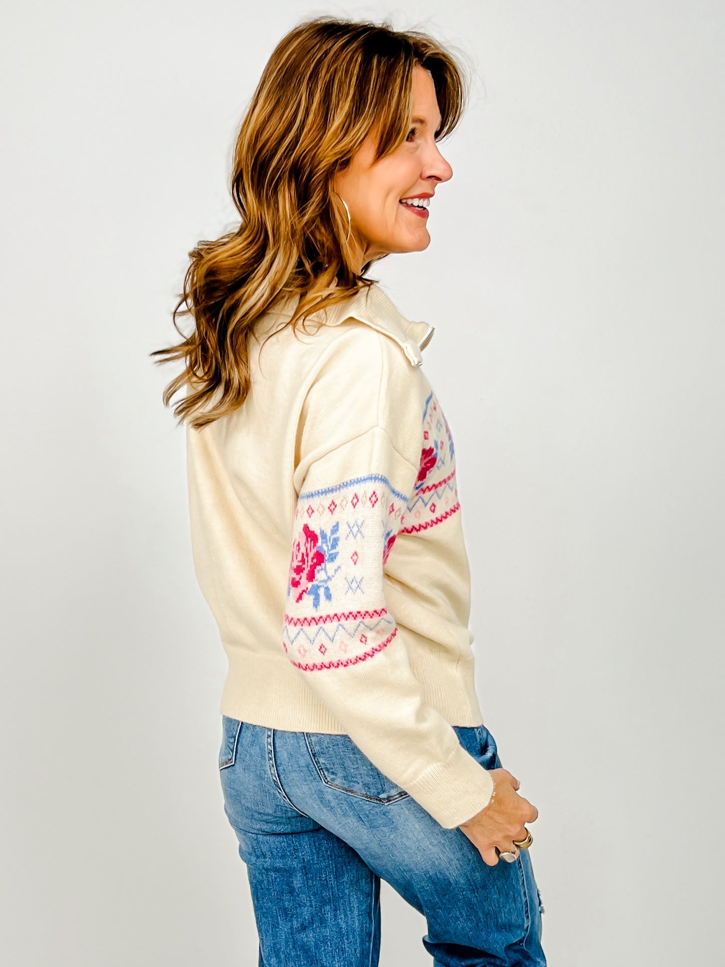 Quarter Zip Floral Print Pullover Sweater