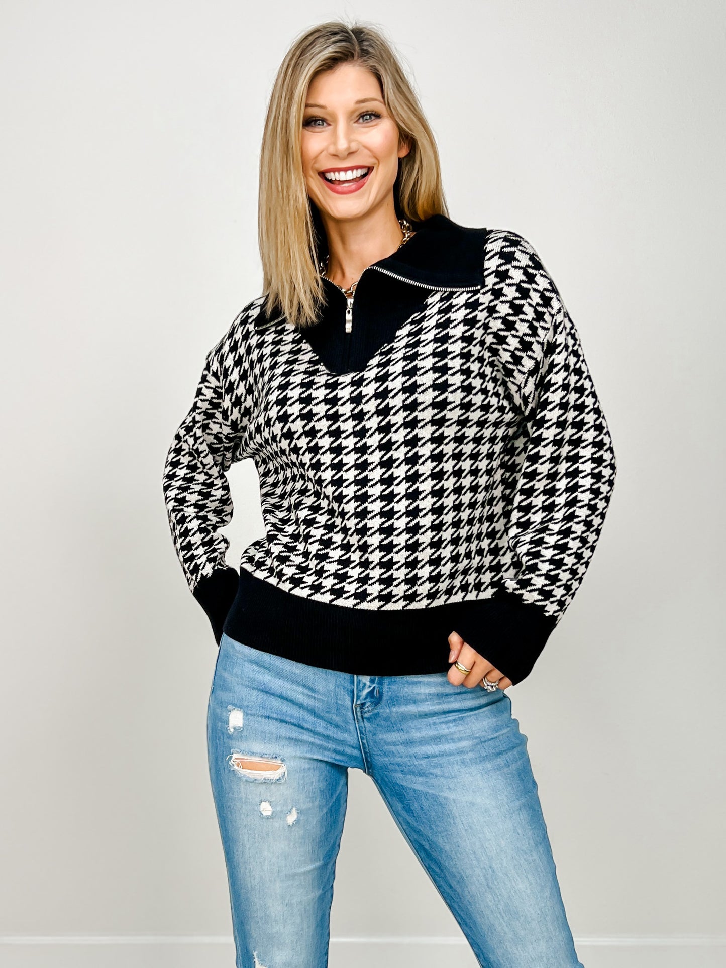 Quarter Zip Houndstooth Print Pullover Sweater