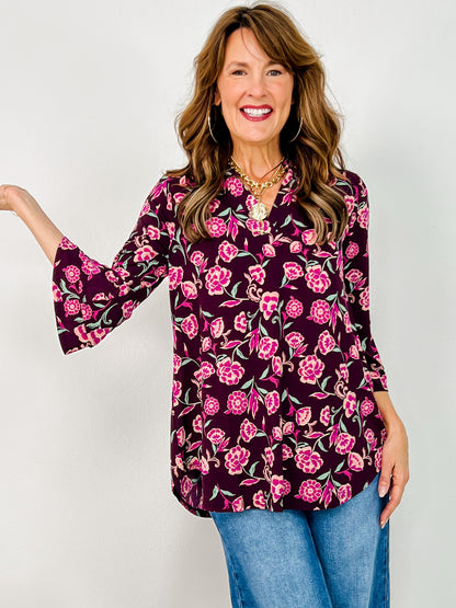 Lizzy 3/4 Bell Sleeve Top in Eggplant Floral