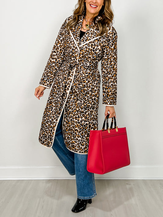 Quilted Leopard Print Belted Coat