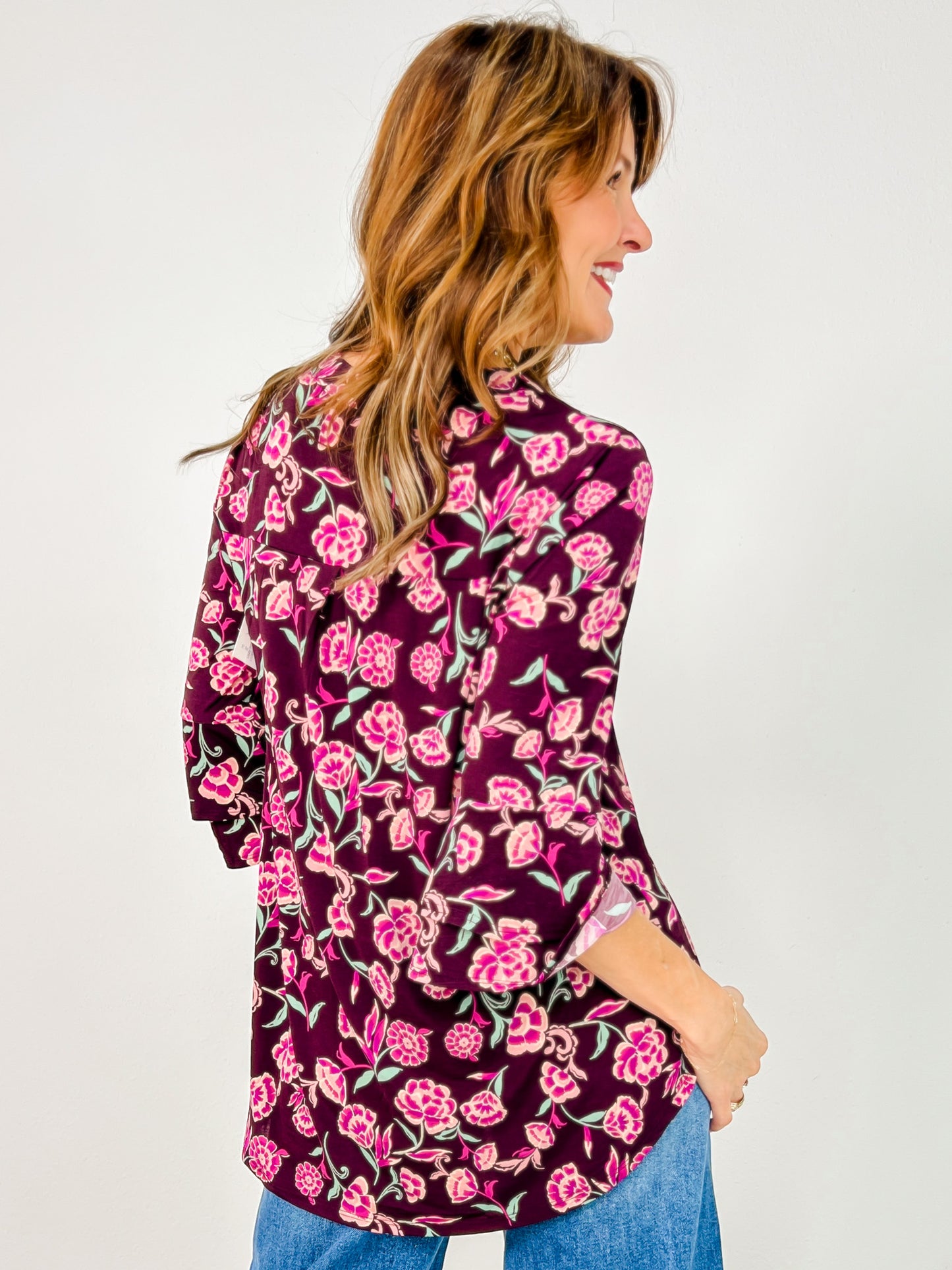 Lizzy 3/4 Bell Sleeve Top in Eggplant Floral
