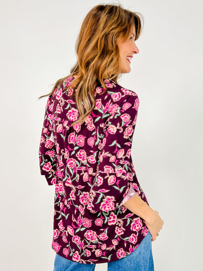 Lizzy 3/4 Bell Sleeve Top in Eggplant Floral