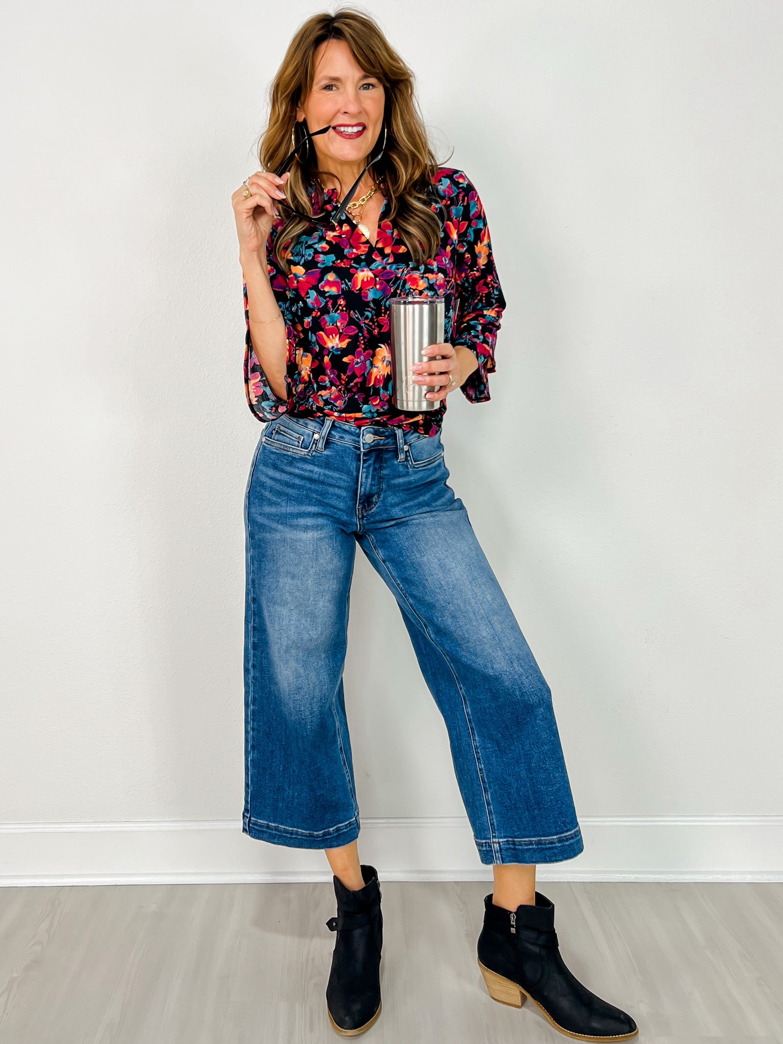 Lizzy 3/4 Bell Sleeve Top in Black Floral
