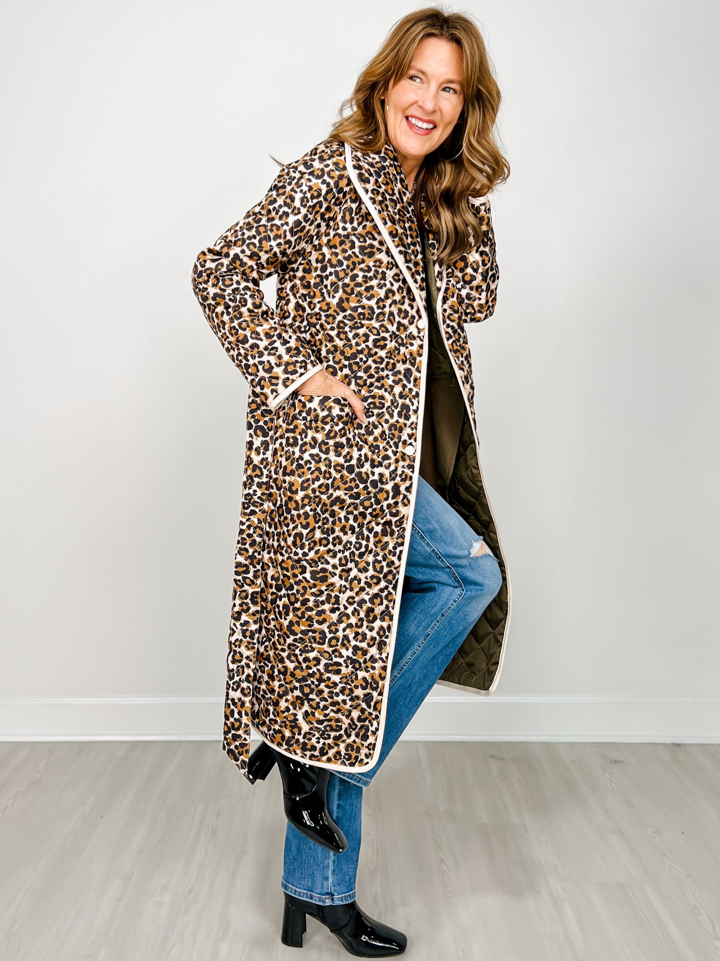 Quilted Leopard Print Belted Coat