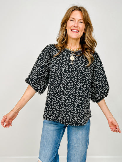Print Jacquard Top with Puff Sleeves