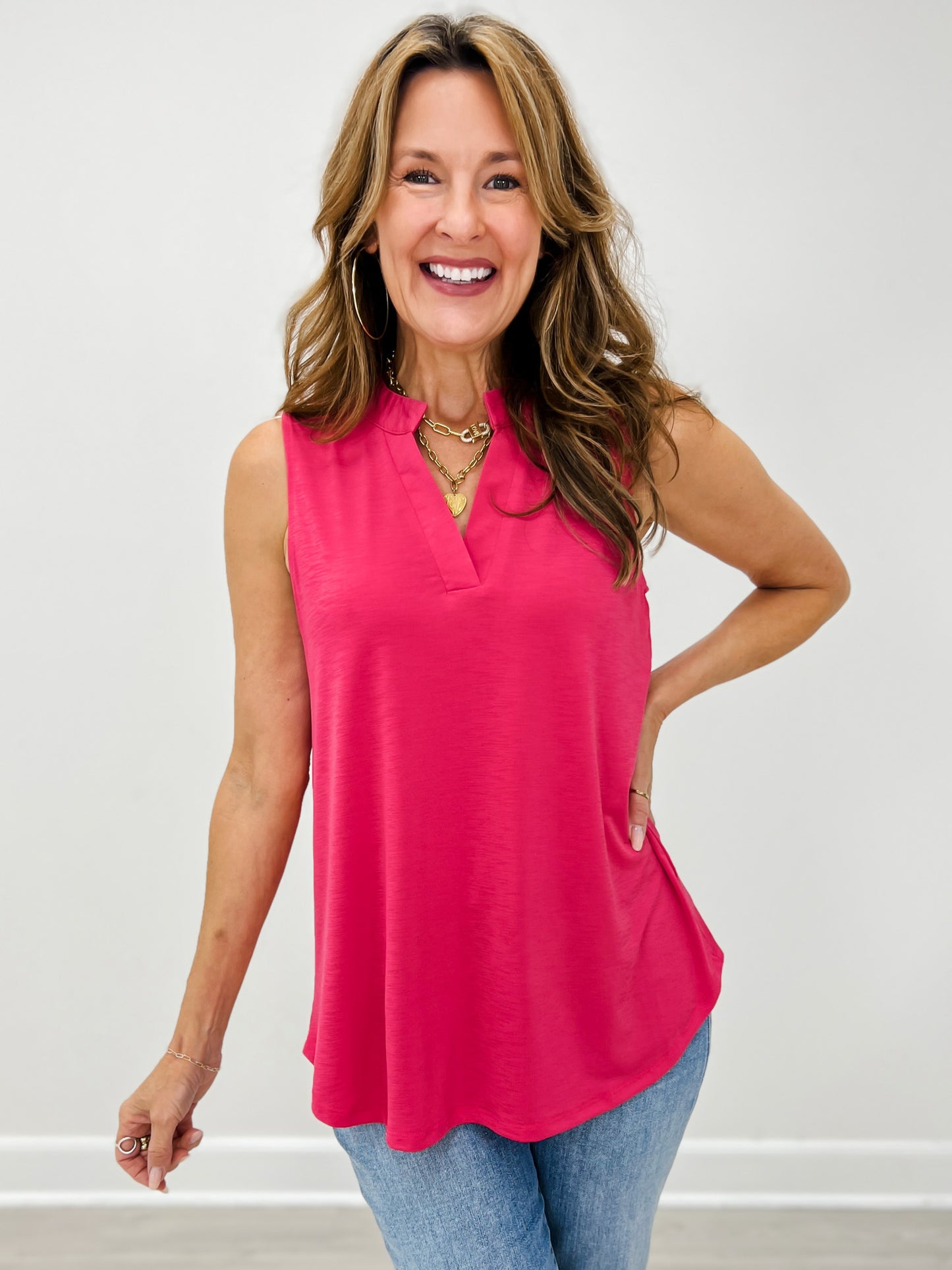 Sleeveless Lizzy Top with Mandarin Collar in Fuchsia