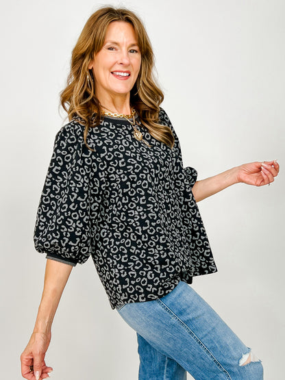 Print Jacquard Top with Puff Sleeves