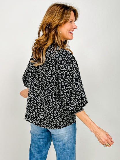 Print Jacquard Top with Puff Sleeves