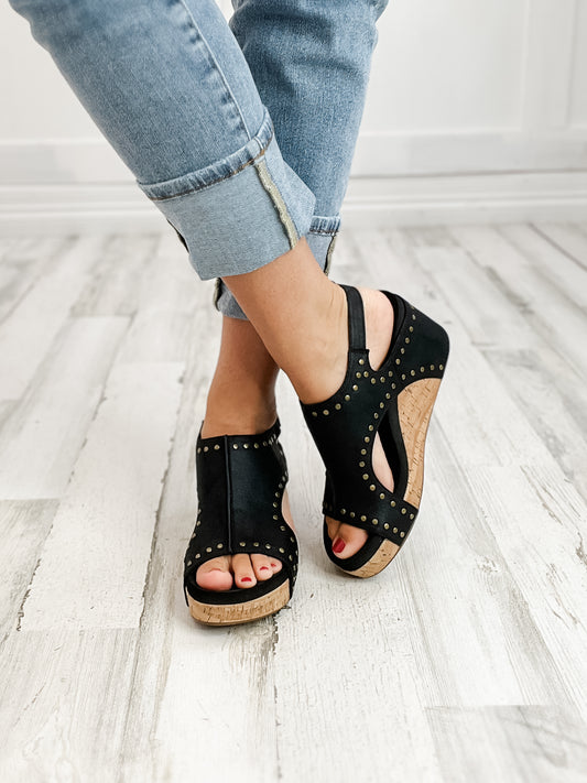 Corkys Carley Black Oil PU Studs Wedge Shoe