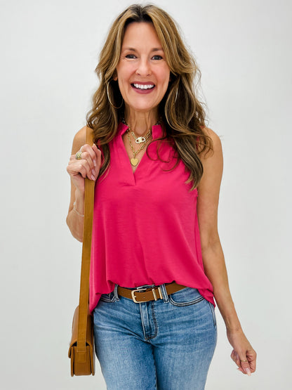 Sleeveless Lizzy Top with Mandarin Collar in Fuchsia