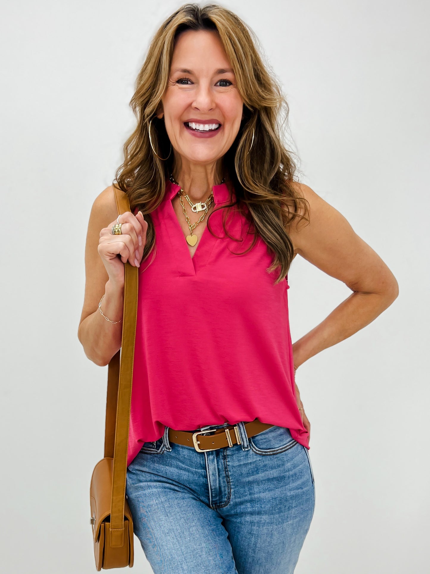 Sleeveless Lizzy Top with Mandarin Collar in Fuchsia