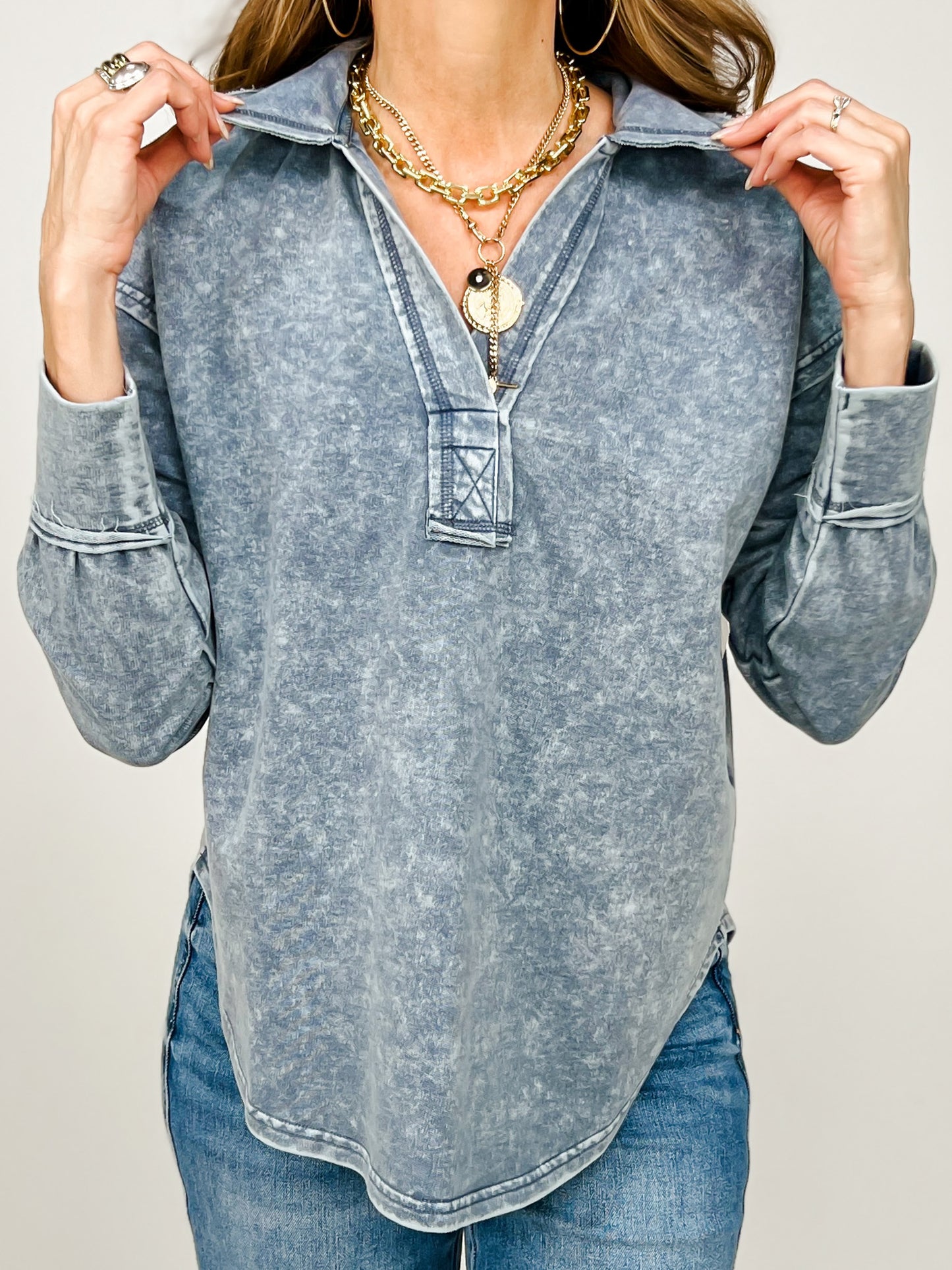 Washed Long Sleeve U Hem Polo Knit Top