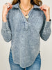 Washed Long Sleeve U Hem Polo Knit Top
