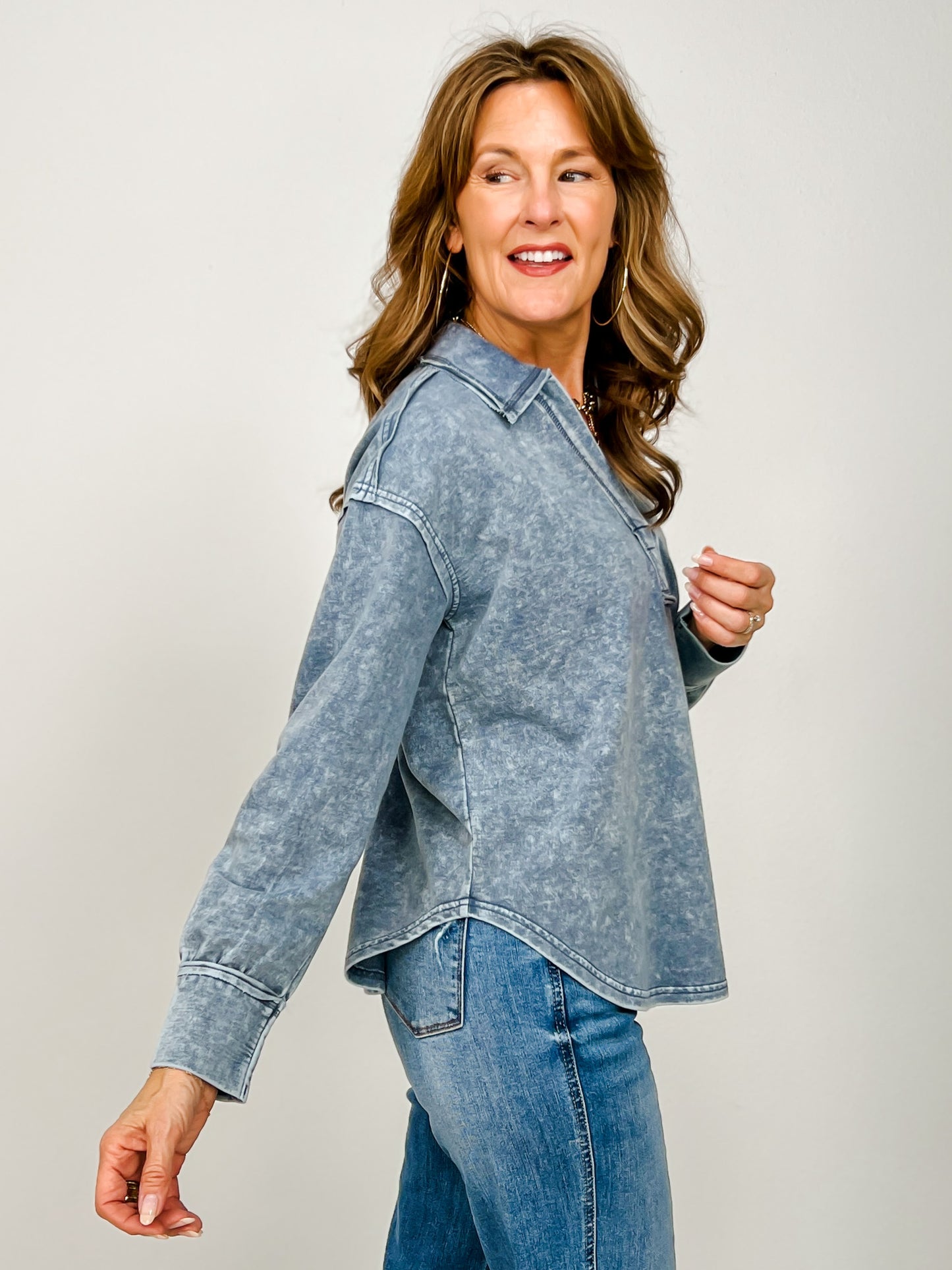 Washed Long Sleeve U Hem Polo Knit Top