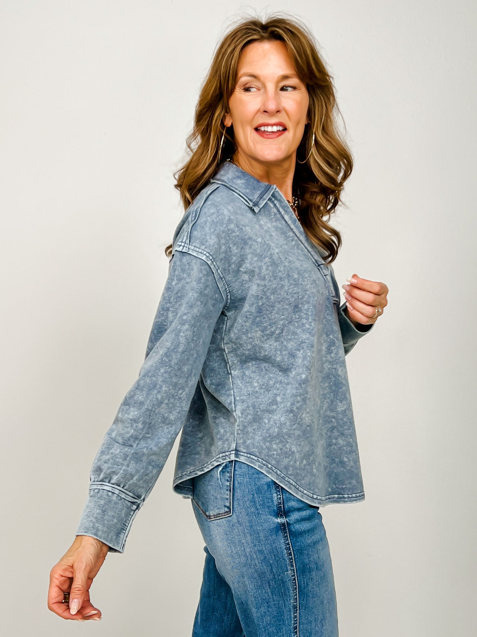 Washed Long Sleeve U Hem Polo Knit Top