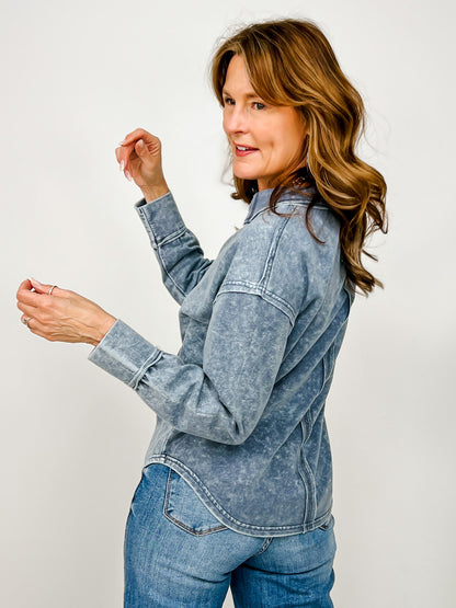 Washed Long Sleeve U Hem Polo Knit Top