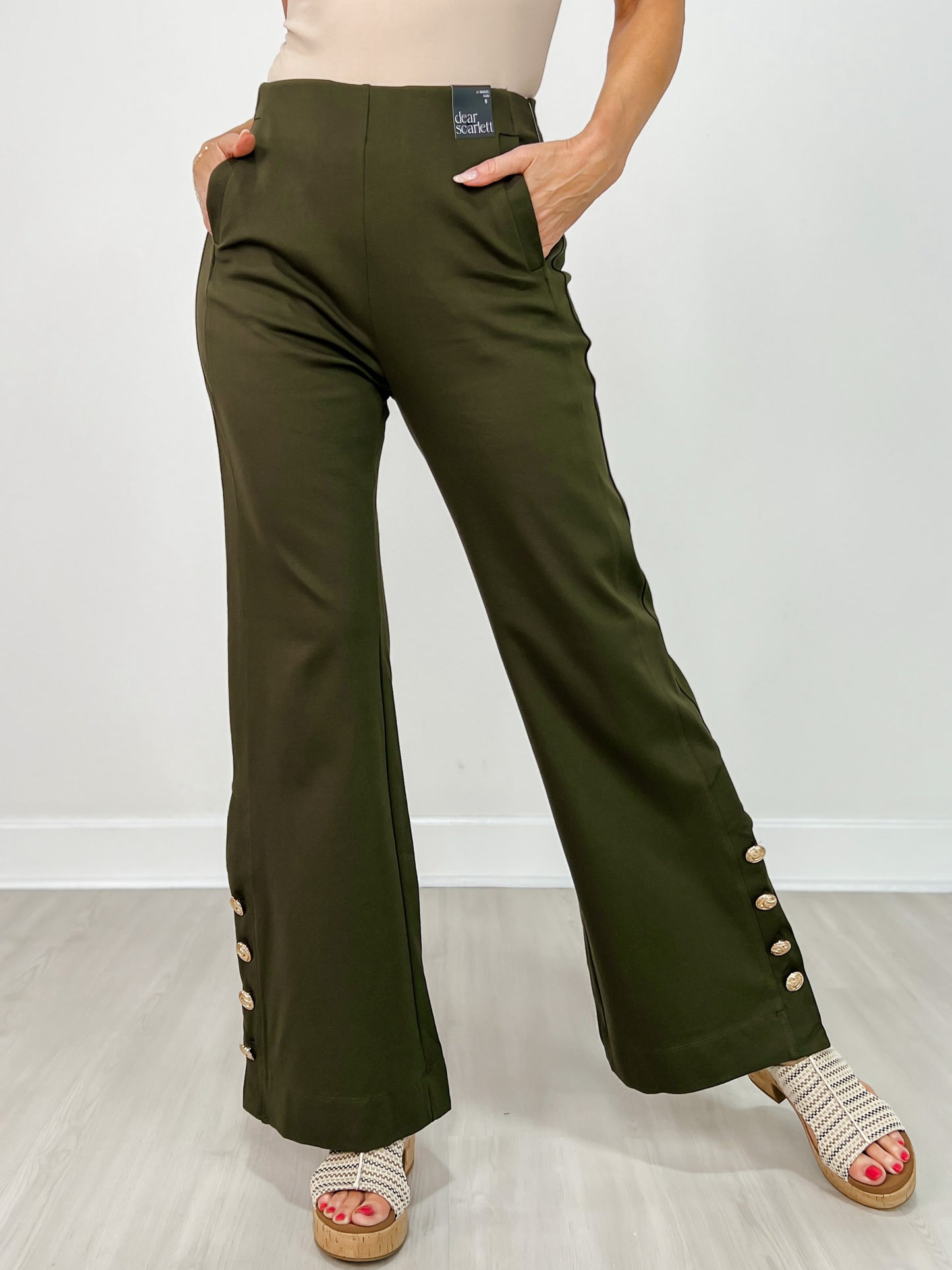 Gold Button Hem Gala Pants with Side Pockets in Olive