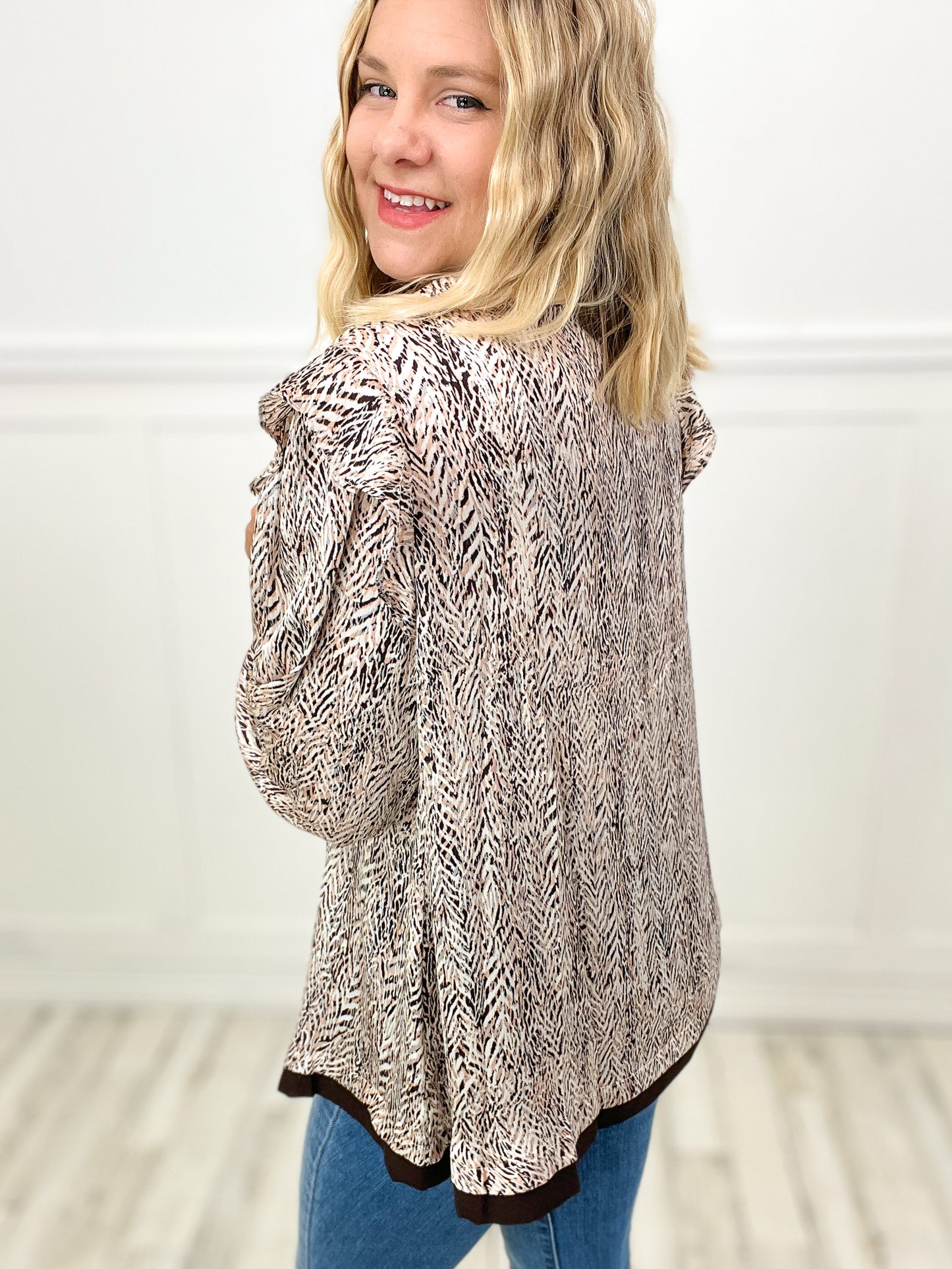 Listen To Your Heart Soft Herringbone Prints Ruffle Sleeve Top