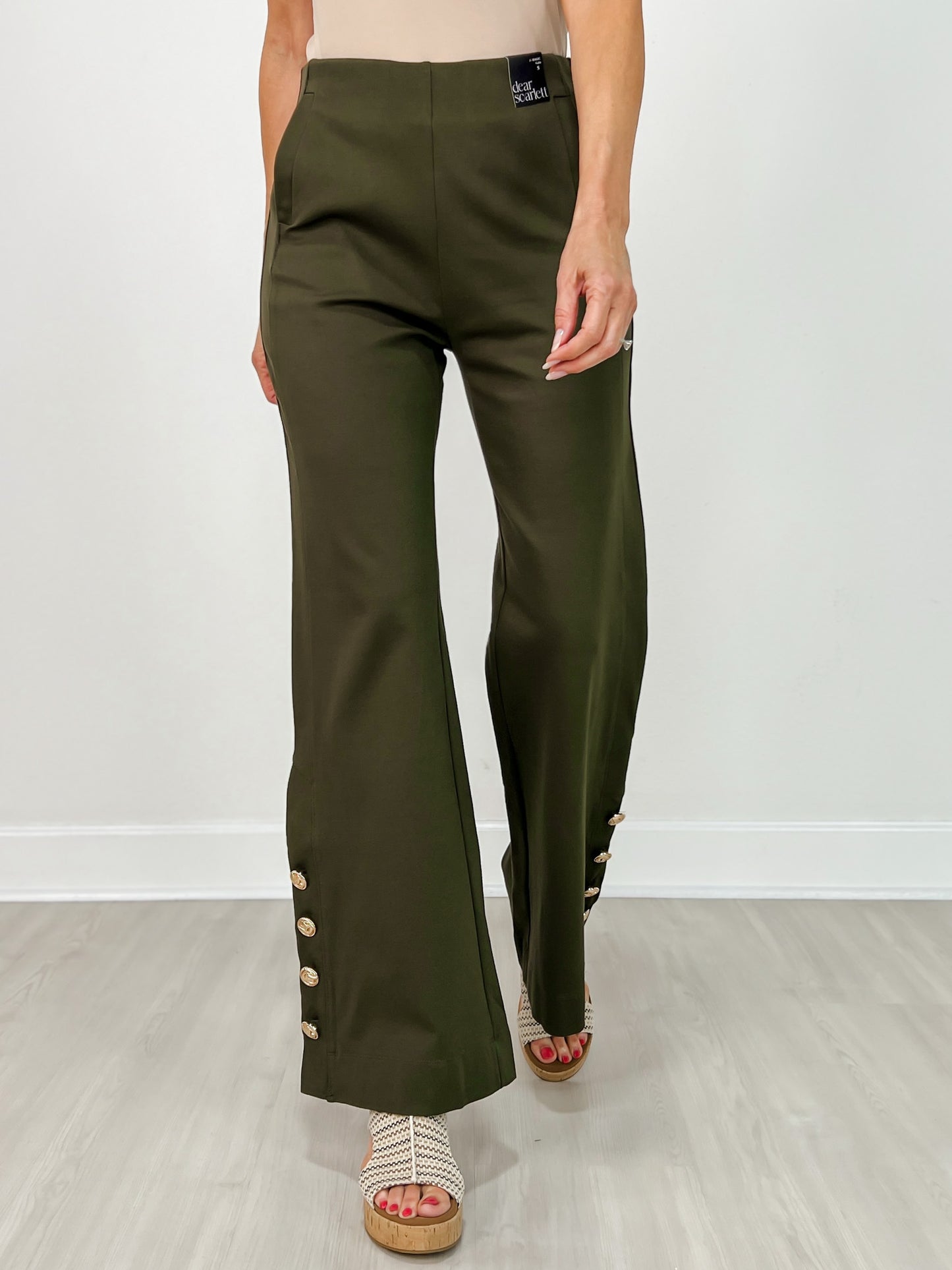 Gold Button Hem Gala Pants with Side Pockets in Olive