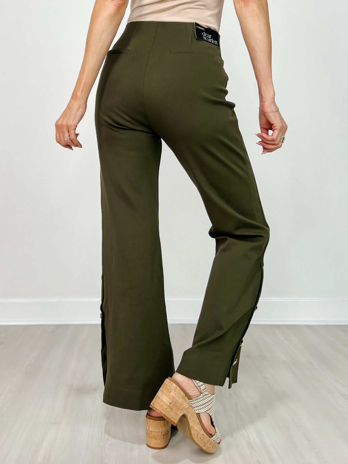 Gold Button Hem Gala Pants with Side Pockets in Olive