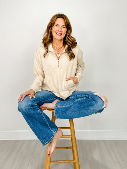 Long Sleeve Solid Knit Top with Half Zip Up Front