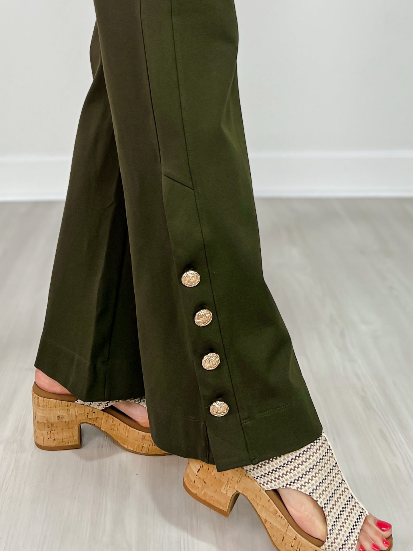 Gold Button Hem Gala Pants with Side Pockets in Olive