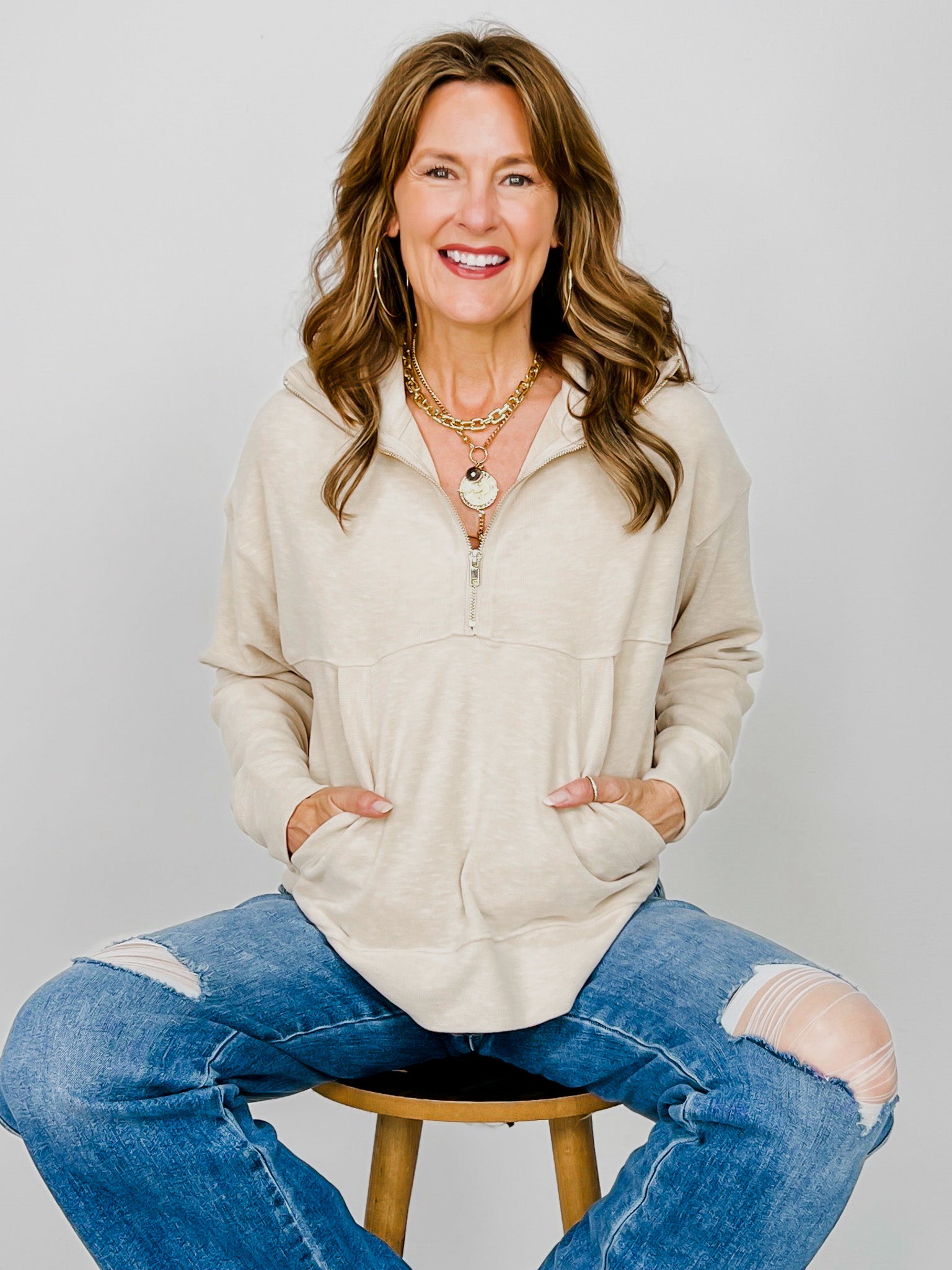 Long Sleeve Solid Knit Top with Half Zip Up Front