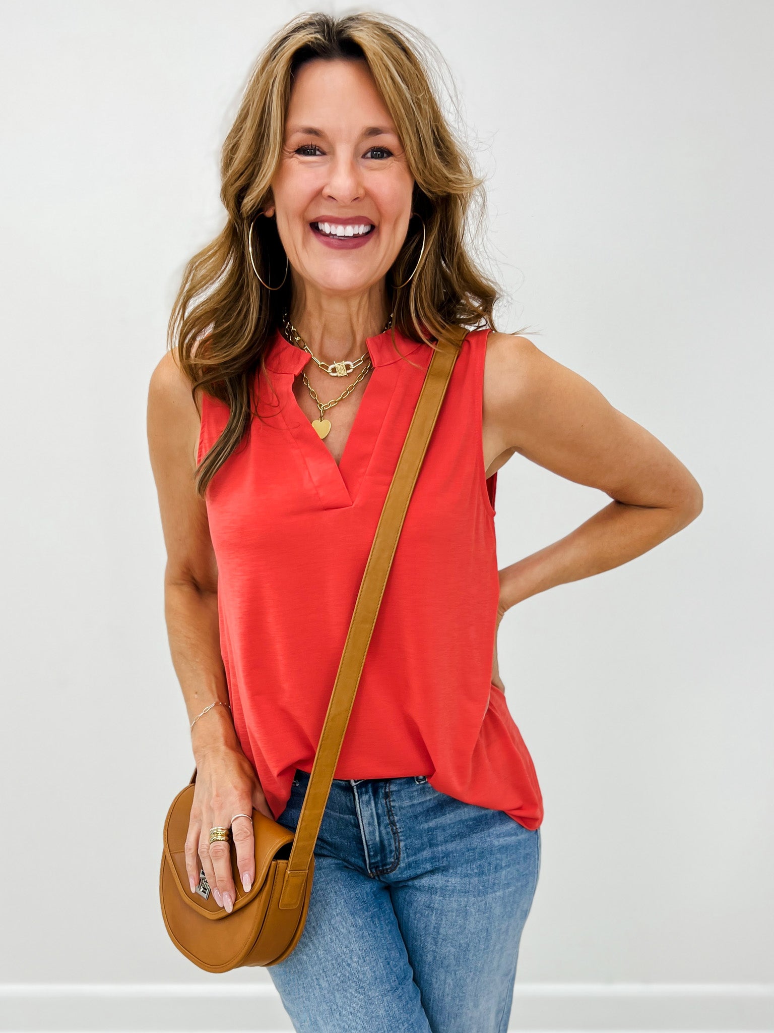Sleeveless Lizzy Top with Mandarin Collar in Hot Coral