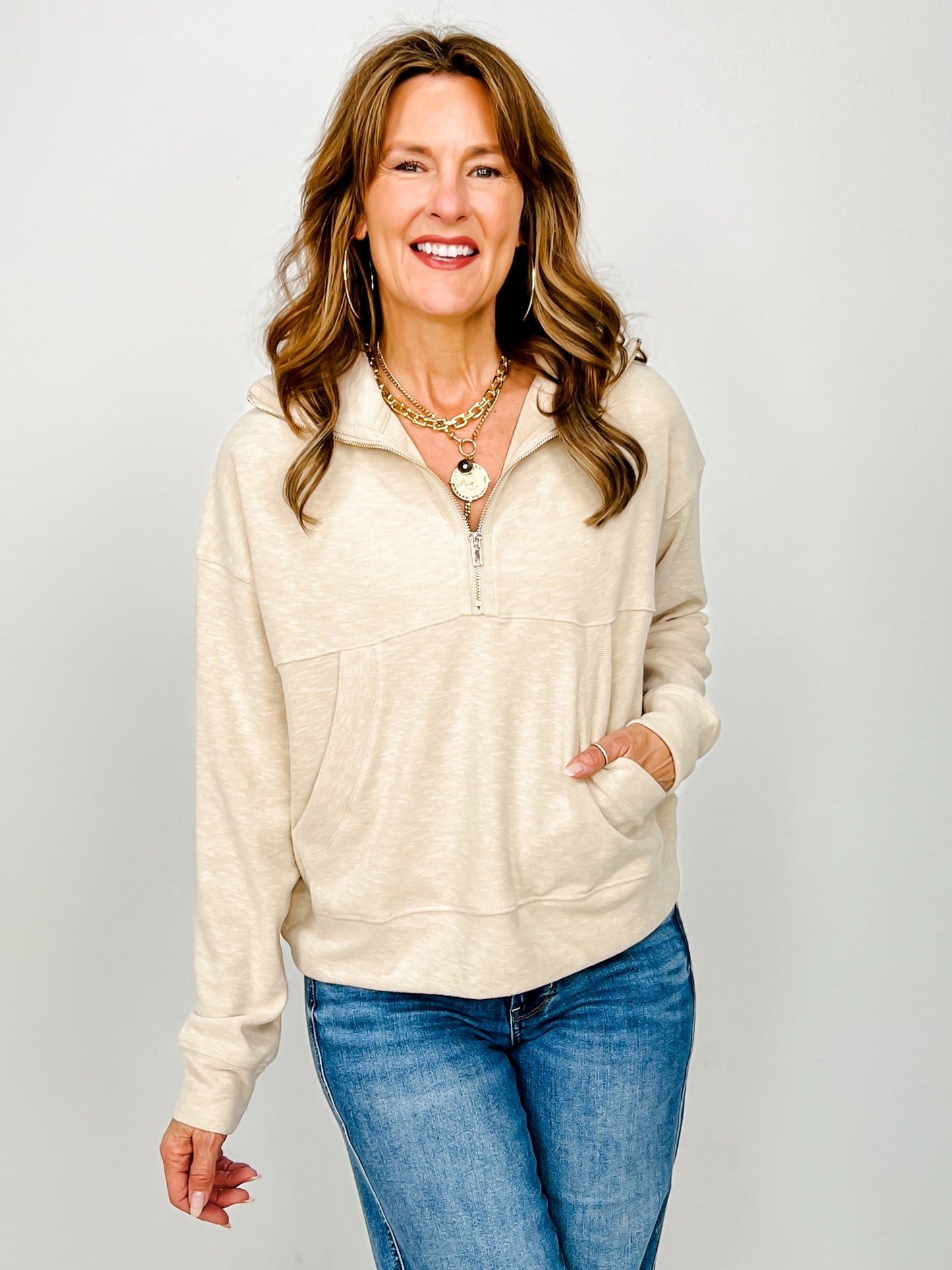 Long Sleeve Solid Knit Top with Half Zip Up Front