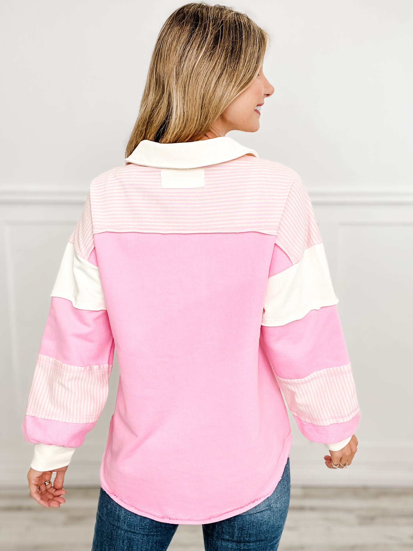 Color Block Long Sleeve Henley Style Oversized Top with Collar